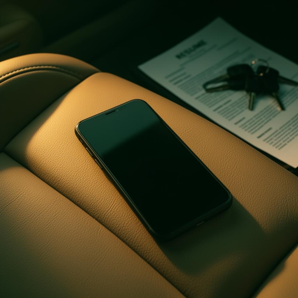 A phone face-up on a car's passenger seat after a job interview